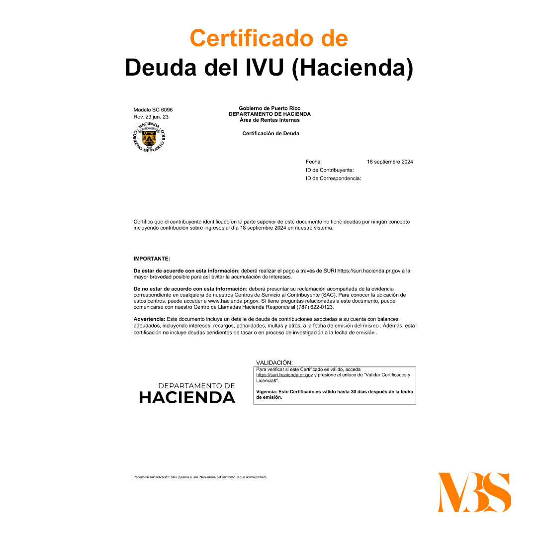 Certificación de Deuda del IVU de Hacienda