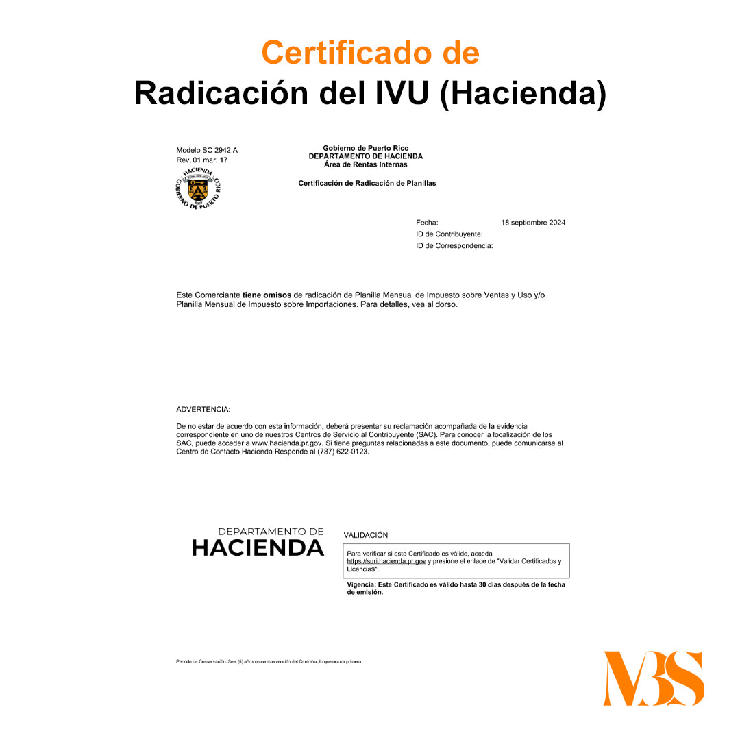 Certificación de Radicación de Planillas del IVU - Hacienda