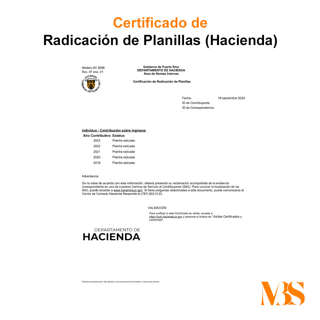 Certificación de Radicación de Planillas - Hacienda (Últimos 5 años)